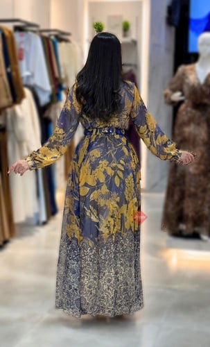 فستان نسائي برنت مشجر بحزام مزين بوردة أنيقة