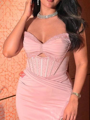 فستان سهرة كريب كورسيه مزين بالكريستال ستايل تب مم...