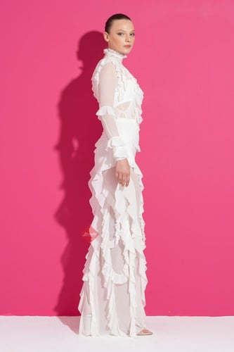 فستان ناعم تل استرتش بأكمام طويله مزين بكرانيش