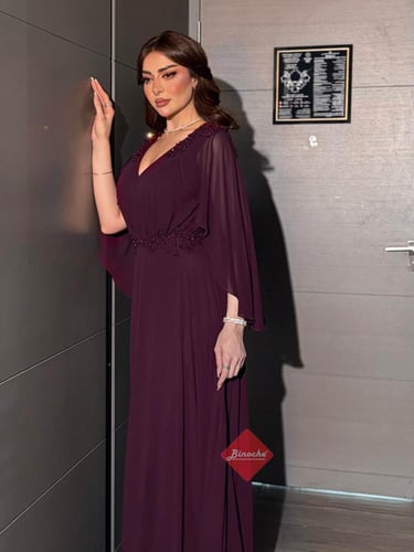 فستان سهرة ناعم بأكمام شيفون منسدلة