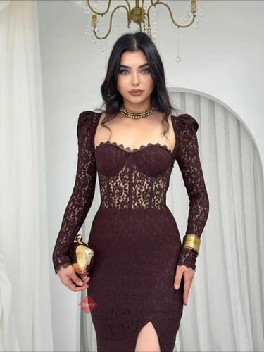 فستان سهرة دانتيل أنيق بأكمام طويلة راقية