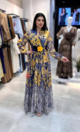 فستان نسائي برنت مشجر بحزام مزين بوردة أنيقة