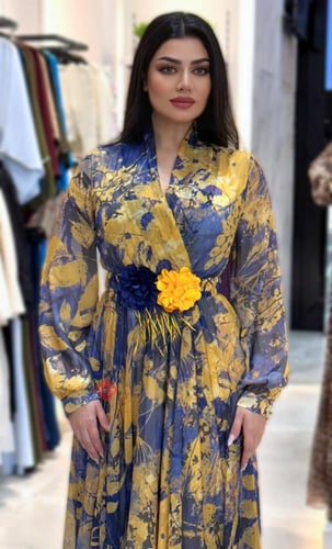 فستان نسائي برنت مشجر بحزام مزين بوردة أنيقة