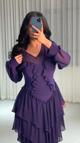 فستان تل ناعم استرتش باكمام طويلة ستايل طبقات