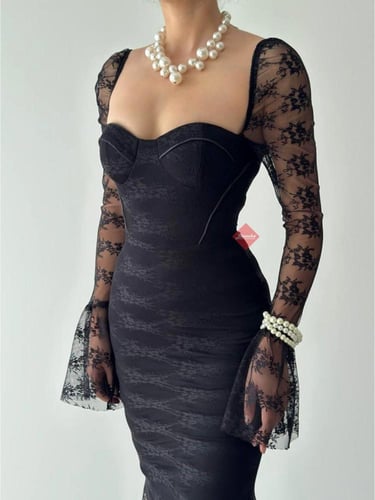 فستان دانتيل سهرة أنيق بأكمام طويلة راقية