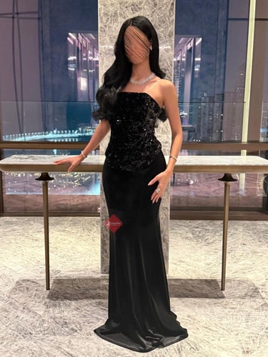 فستان سهرة تب طويل مخمل مطرز بالترتر اللامع