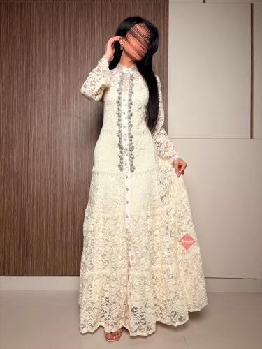 فستان سهرة بأكمام طويلة دانتيل وكريستال لامع
