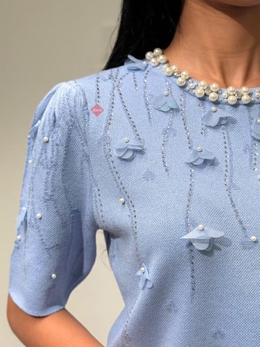 طقم راقي بلوزة و تنورة مزينة باللؤلؤ و الفصوص اللا...