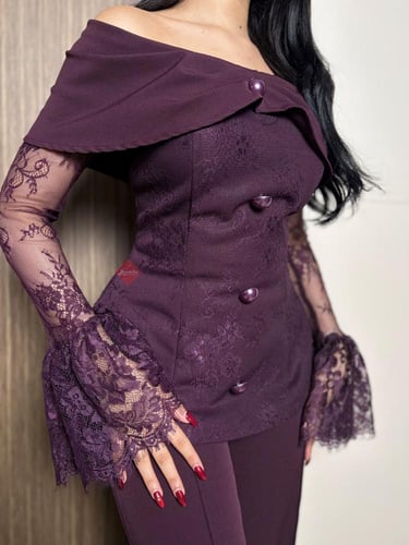 طقم بنطلون و بلوزة ستايل اوف شولدر باكمام طويلة دا...