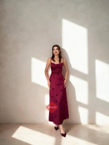 فستان ساتان ناعم مزين بأزهار أنيقة وفاخرة