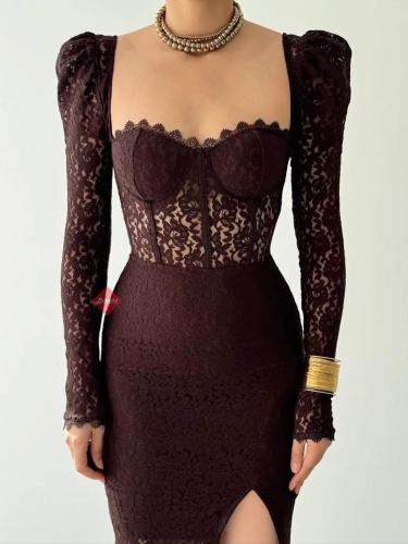 فستان سهرة دانتيل أنيق بأكمام طويلة راقية