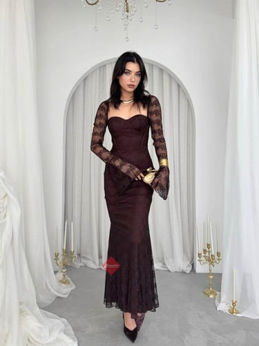 فستان دانتيل سهرة أنيق بأكمام طويلة راقية