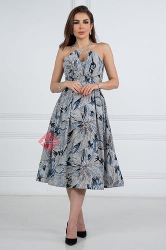 فستان سهرة ميدي تب بقماش الترتر ستايل كلوش