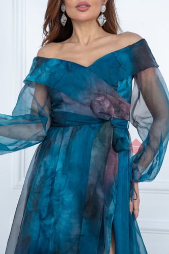 فستان سهرة مشجر ستايل اوف شولدر بأكمام واسعه