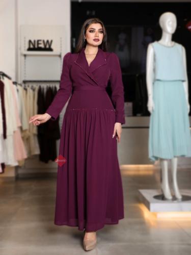 فستان سهرة ناعم ستايل رسمي بأكمام طويلة وكريستال ل...