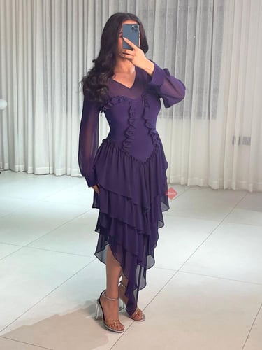 فستان تل ناعم استرتش باكمام طويلة ستايل طبقات