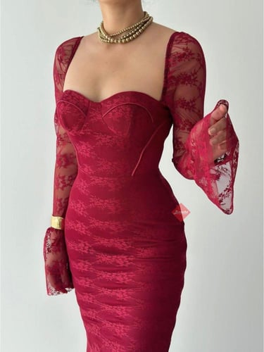 فستان دانتيل سهرة أنيق بأكمام طويلة راقية