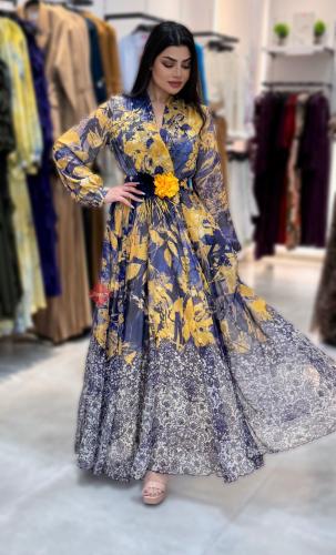 فستان نسائي برنت مشجر بحزام مزين بوردة أنيقة