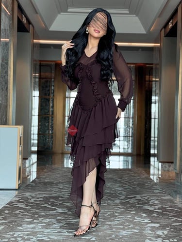 فستان تل ناعم استرتش باكمام طويلة ستايل طبقات