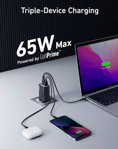 رأس شاحن جداري انكر 65 واط بثلاث منافذ USB - شحن س...