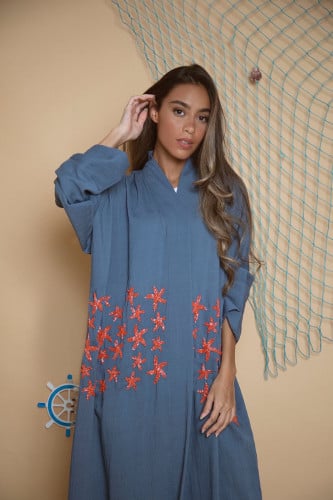 Blue with orange star fish embroidery