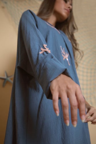 Blue with peach coral embroidery