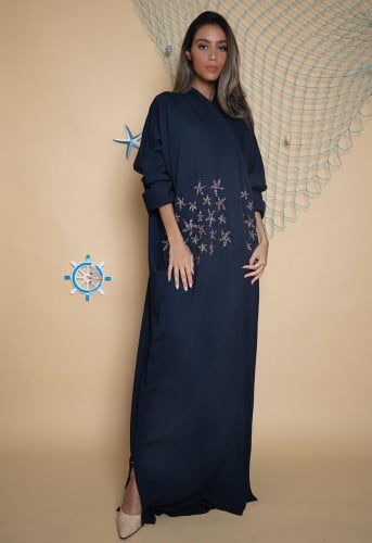 dark blue with colored star fish embroidery
