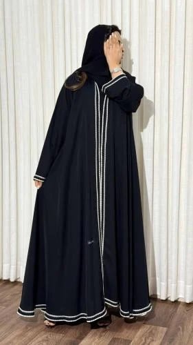 Women's black abaya embroidered white with Blackberry fabric elegant