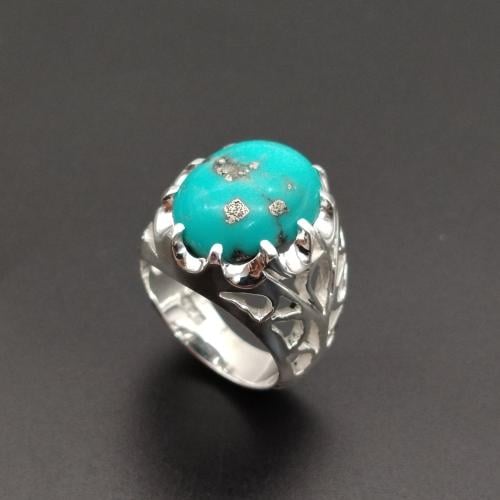 خاتم حجر الفيروز الطبيعي النيشابوري فضة عيار 925