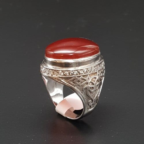 خاتم عقيق يماني كرزي فضة 925