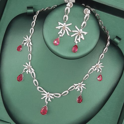 عقد وحلق بحجر الروبي فضة 925