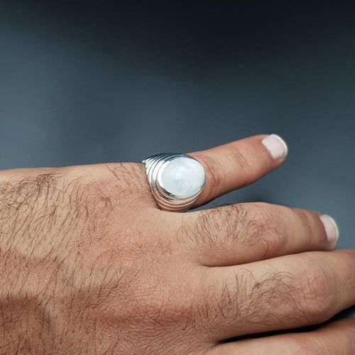 خاتم بحجر القمر طبيعي فضة عيار 925