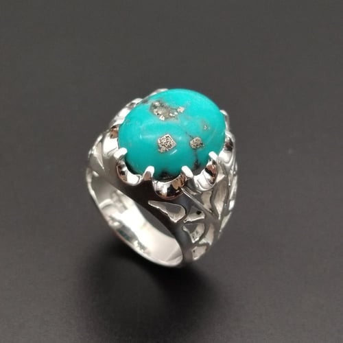 خاتم حجر الفيروز الطبيعي النيشابوري فضة عيار 925