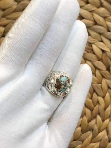 خاتم الفضة بحجر الفيروز الإيراني نشابوري أصلي صياغ...