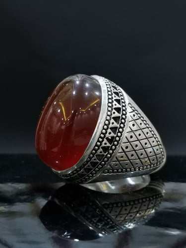 خاتم الفضة بحجر عقيق خرساني ايراني أحمر بصياغة الخ...
