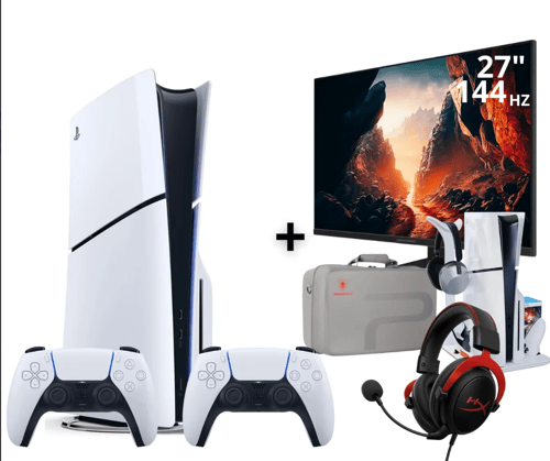 بلايستيشن 5 سليم سي دي يدتين تحكم + شاشة العاب مقاس 27 بوصة 120hz هيرتز + قاعدة بلايستيشن 5 + سماعة هايبر اكس 2 +شنطة