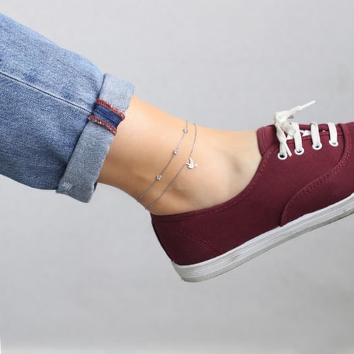 خلخال الكريستالات الفضية والطائر في سلسلة مزدوجة -...