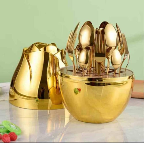 طقم ملاعق بعلبة جوري ذهبي وفضي