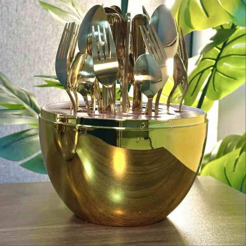 طقم ملاعق بعلبة جوري ذهبي وفضي