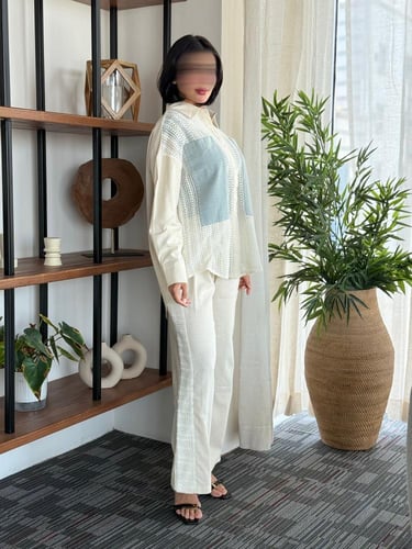 طقم كتان مخرم بتخيلات الجينز البنطلون كتان مزين بخ...