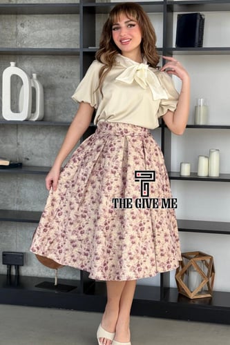 طقم بلوزه وتنوره بخامة بلوزه ستان مزين بلوول