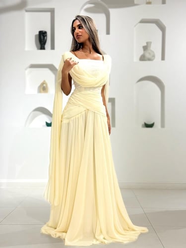 فستان سهرة اصفر فاتح بكاب شيفون