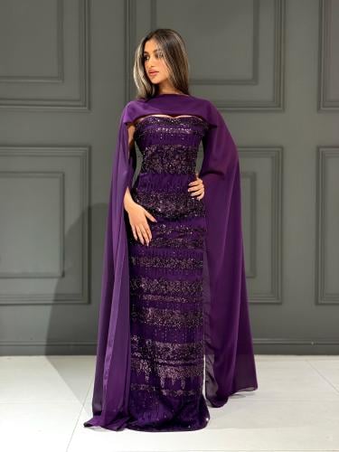 فستان سهرة مزين بخرز مع اكمام جورجيت