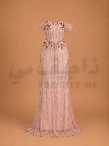 فستان سهرة مزبن بالورود باكمام ناعمه منسدله
