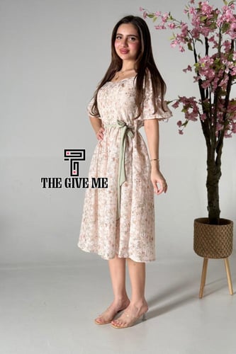 فستان ميدي كتان بطريز مشجر بالكامل بحزام على الخصر