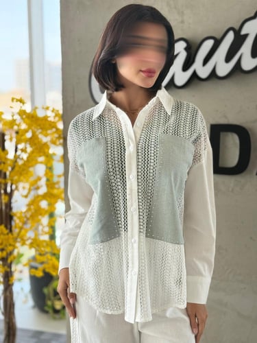 طقم كتان مخرم بتخيلات الجينز البنطلون كتان مزين بخ...