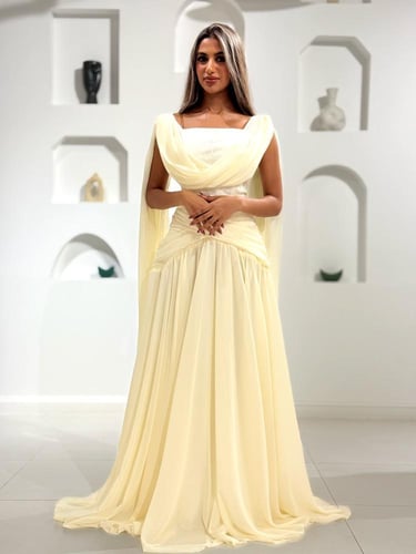 فستان سهرة اصفر فاتح بكاب شيفون