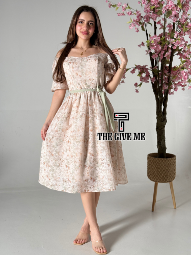 فستان ميدي كتان بطريز مشجر بالكامل بحزام على الخصر