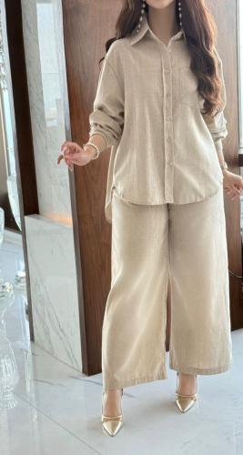 طقم كتان مقلم بالون البيج