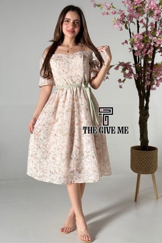 فستان ميدي كتان بطريز مشجر بالكامل بحزام على الخصر